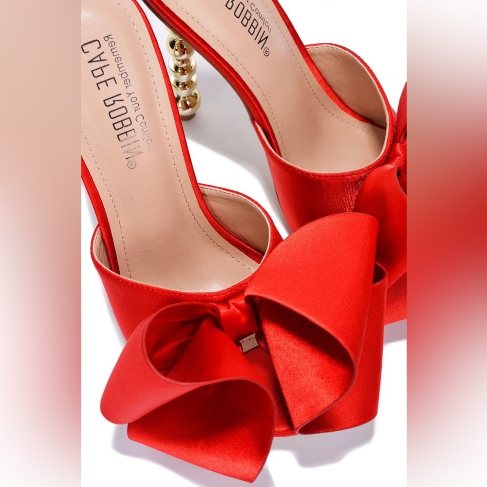 Cape Robbin Salsa Red High Heels Ribbon Open Toe Gold Sculptural Oval Pumps - Picture 3 of 4